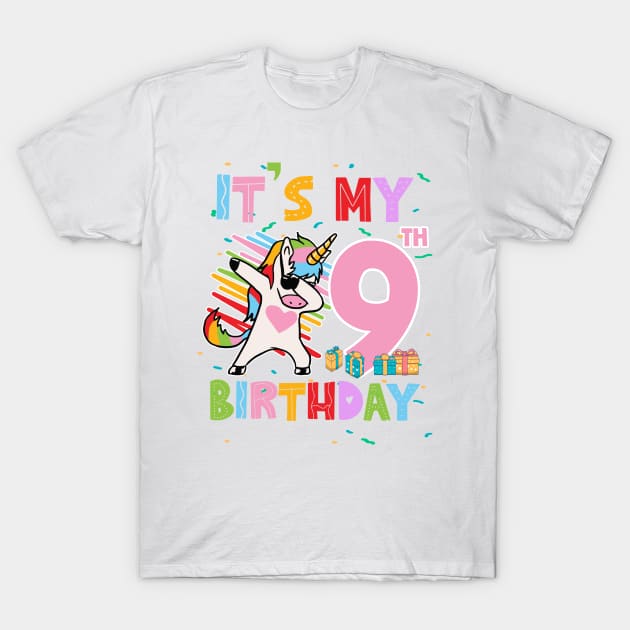 It's My 9th Birthday Girl Cute Unicorn B-day Giif For Girls Kids toddlers T-Shirt by Los San Der